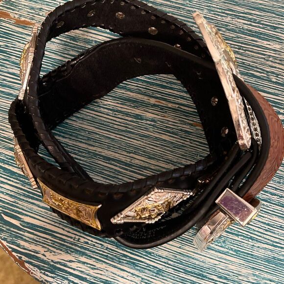 Praying Cowboy Vintage 2-Toned Hand-tooled Large Buckle Men’s Western/Cowboy Bel - Picture 9 of 16